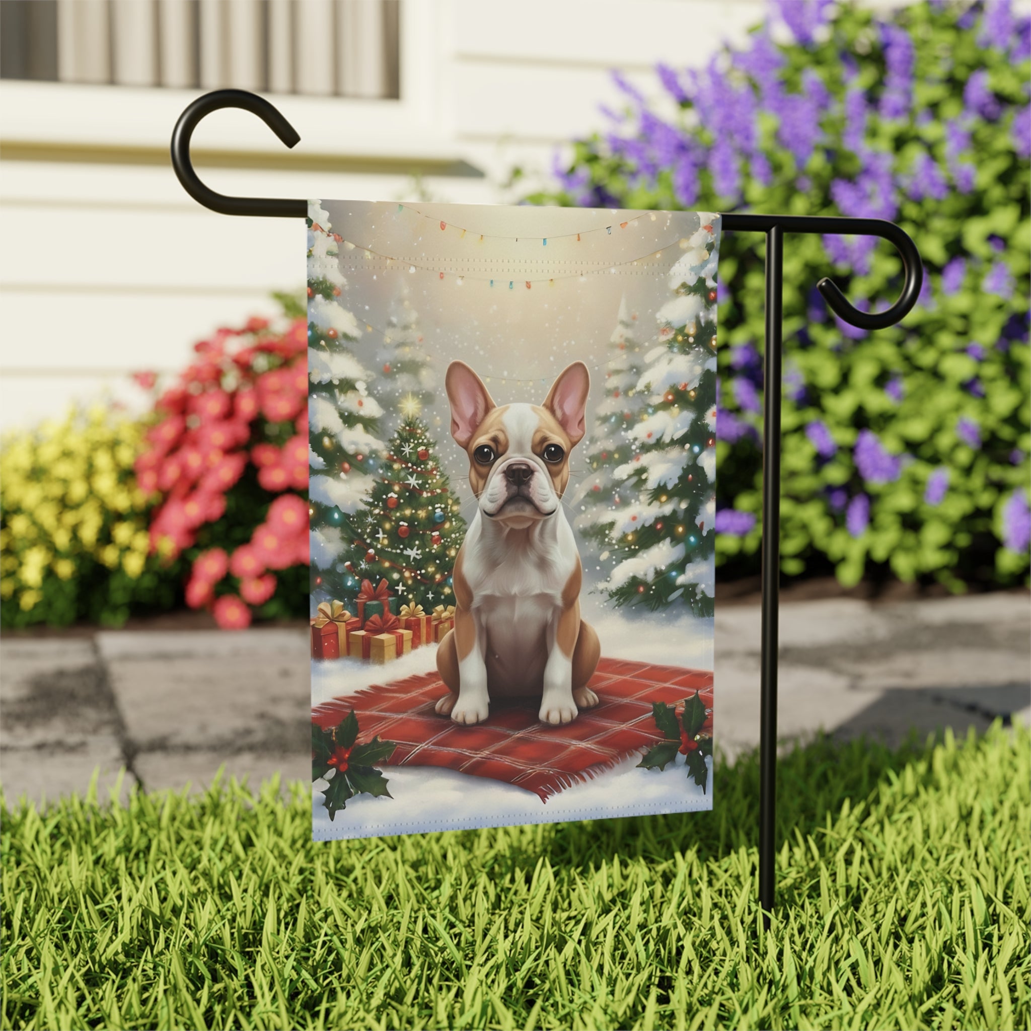 Christmas Tree and Presents French Bulldog Garden Flag - close-up detail - Dragonfire Gardens