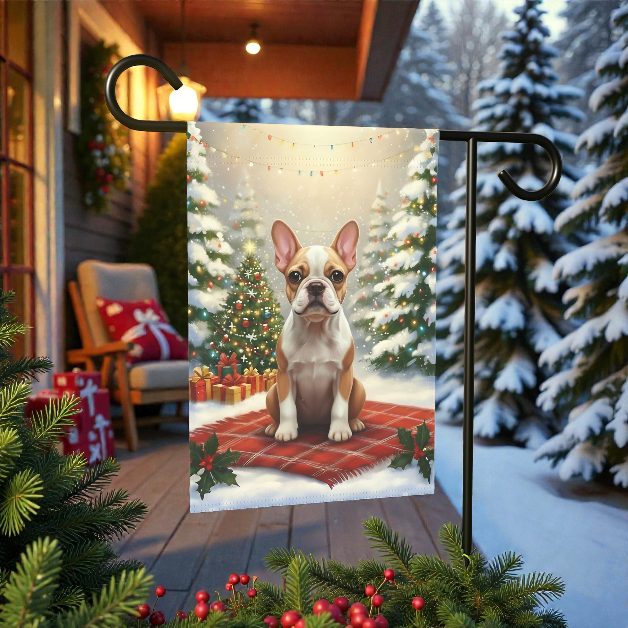 Christmas Tree and Presents French Bulldog Garden Flag - outdoor display - Dragonfire Gardens