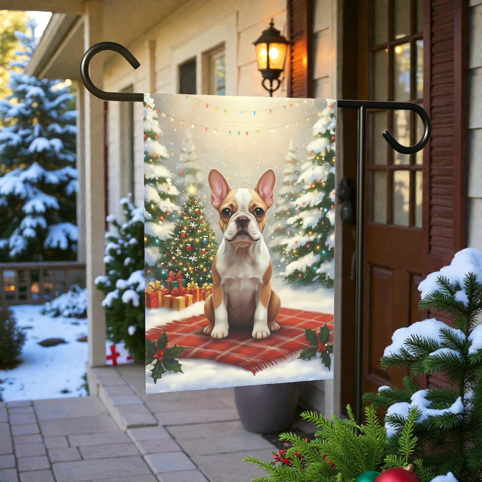 Christmas Tree and Presents French Bulldog Garden Flag - front view - Dragonfire Gardens