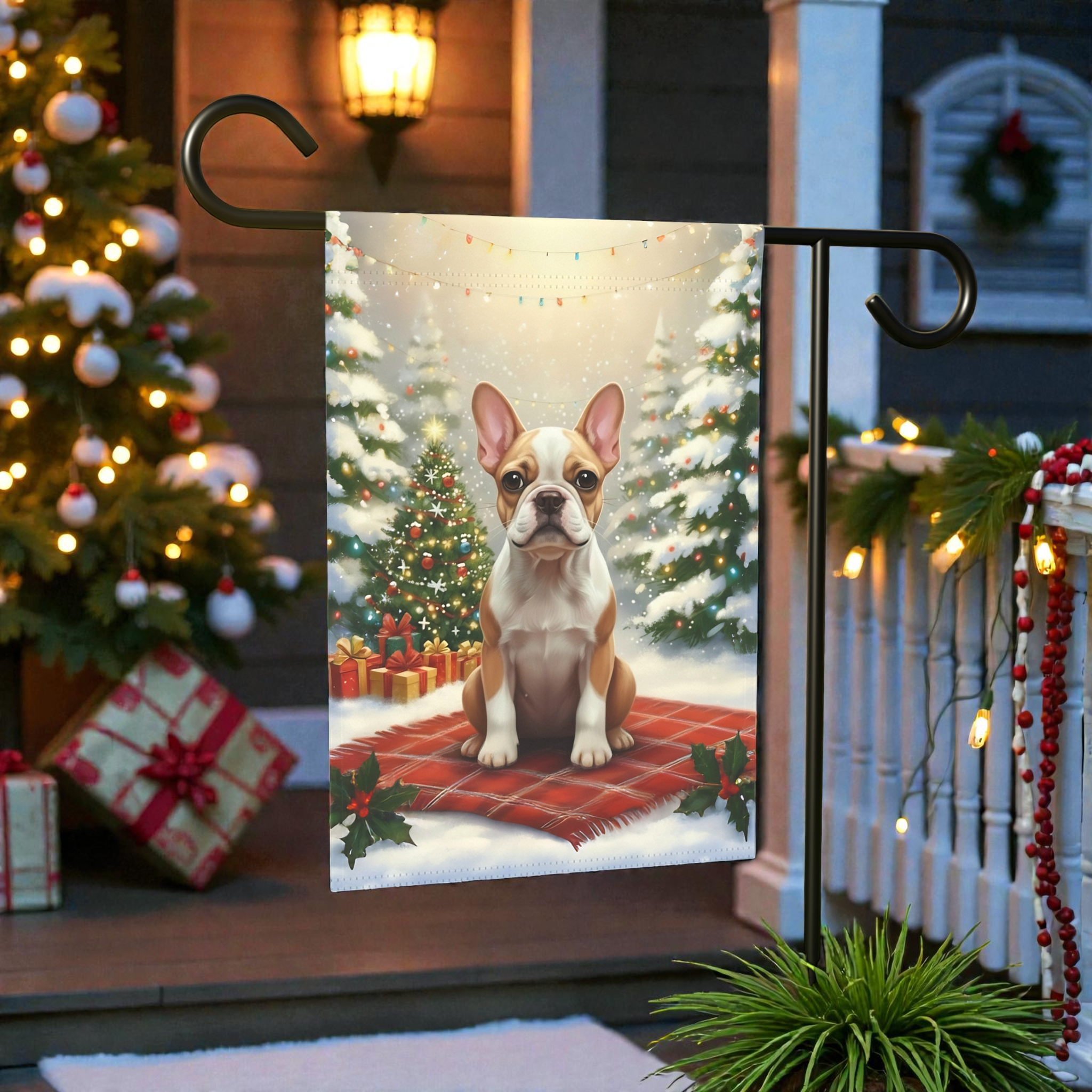 Christmas Tree and Presents French Bulldog Garden Flag - lifestyle display - Dragonfire Gardens