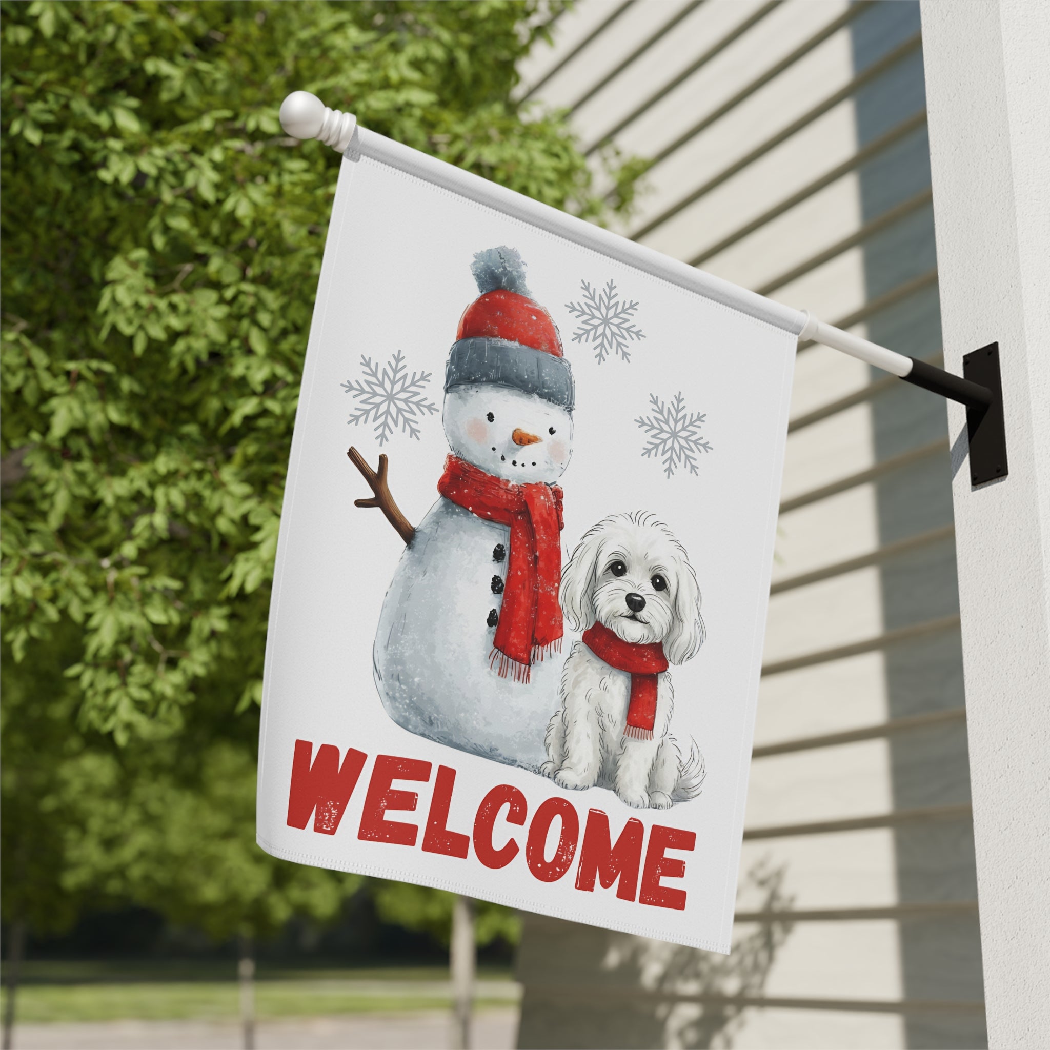 Bolognese and Snowman Welcome Garden Flag - double-sided design - Dragonfire Gardens