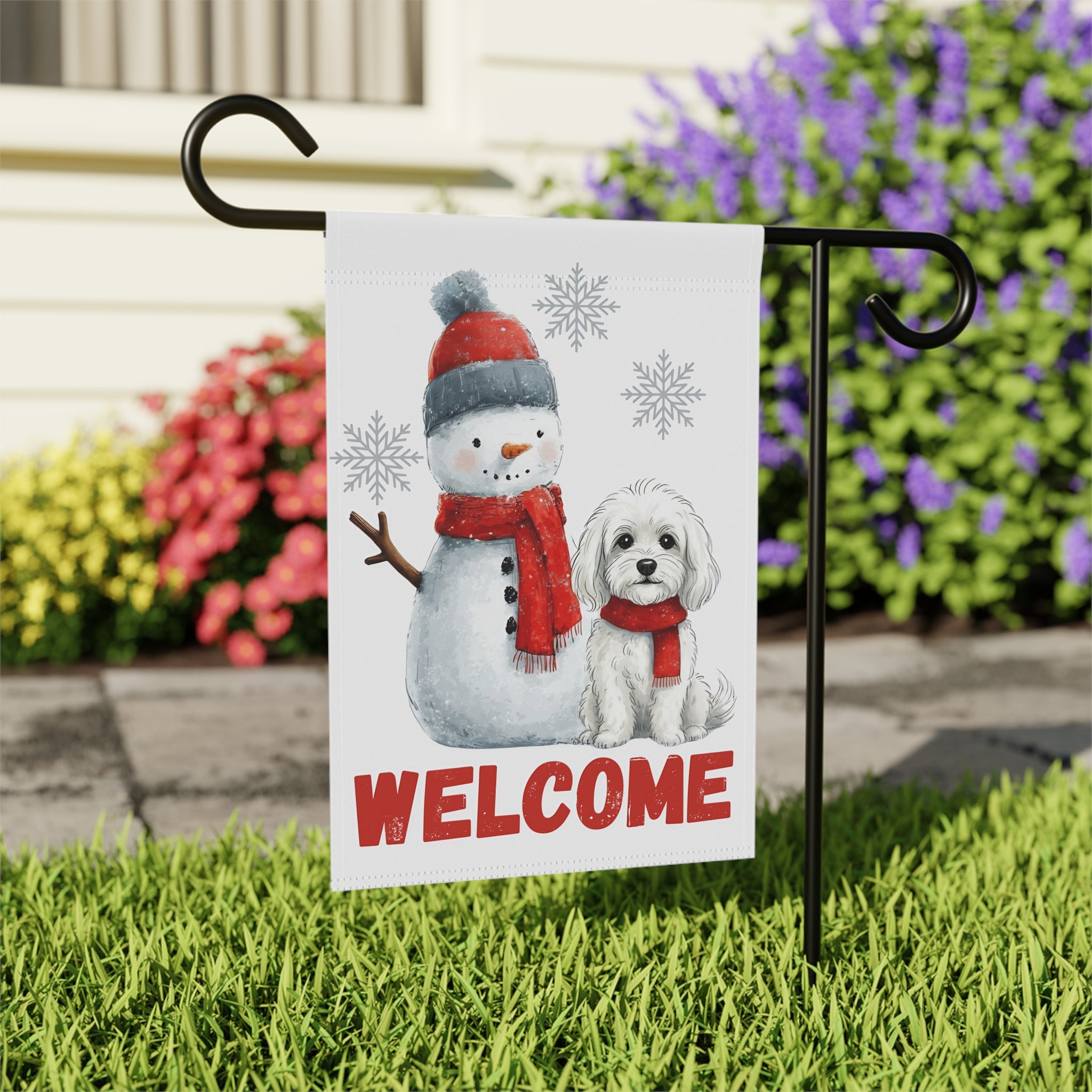 Bolognese and Snowman Welcome Garden Flag