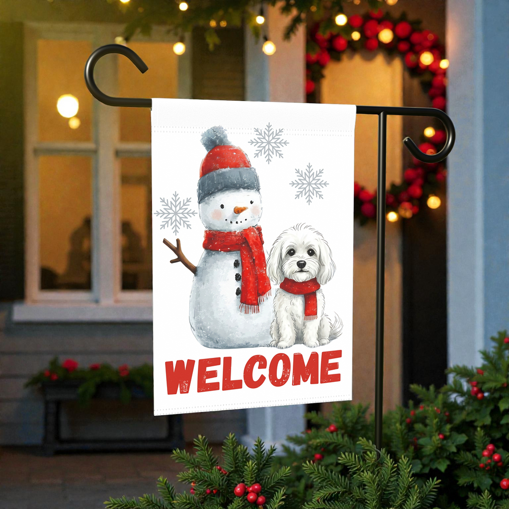Bolognese and Snowman Welcome Garden Flag