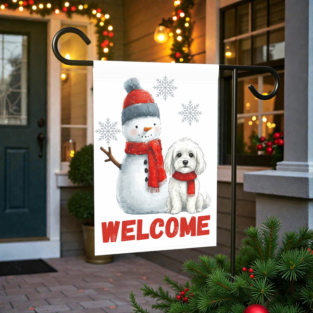 Bolognese and Snowman Welcome Garden Flag