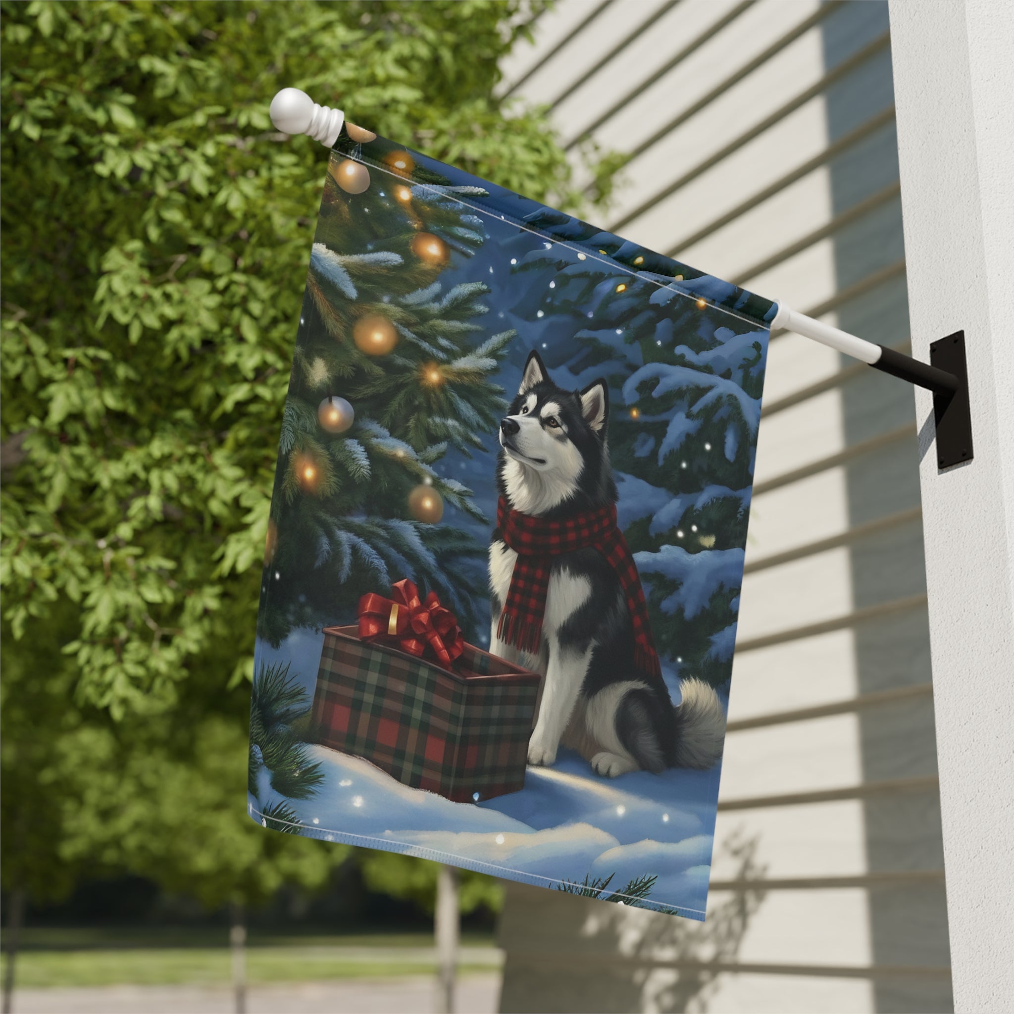 Alaskan Malamute Christmas Present Garden Flag - double-sided design - Dragonfire Gardens