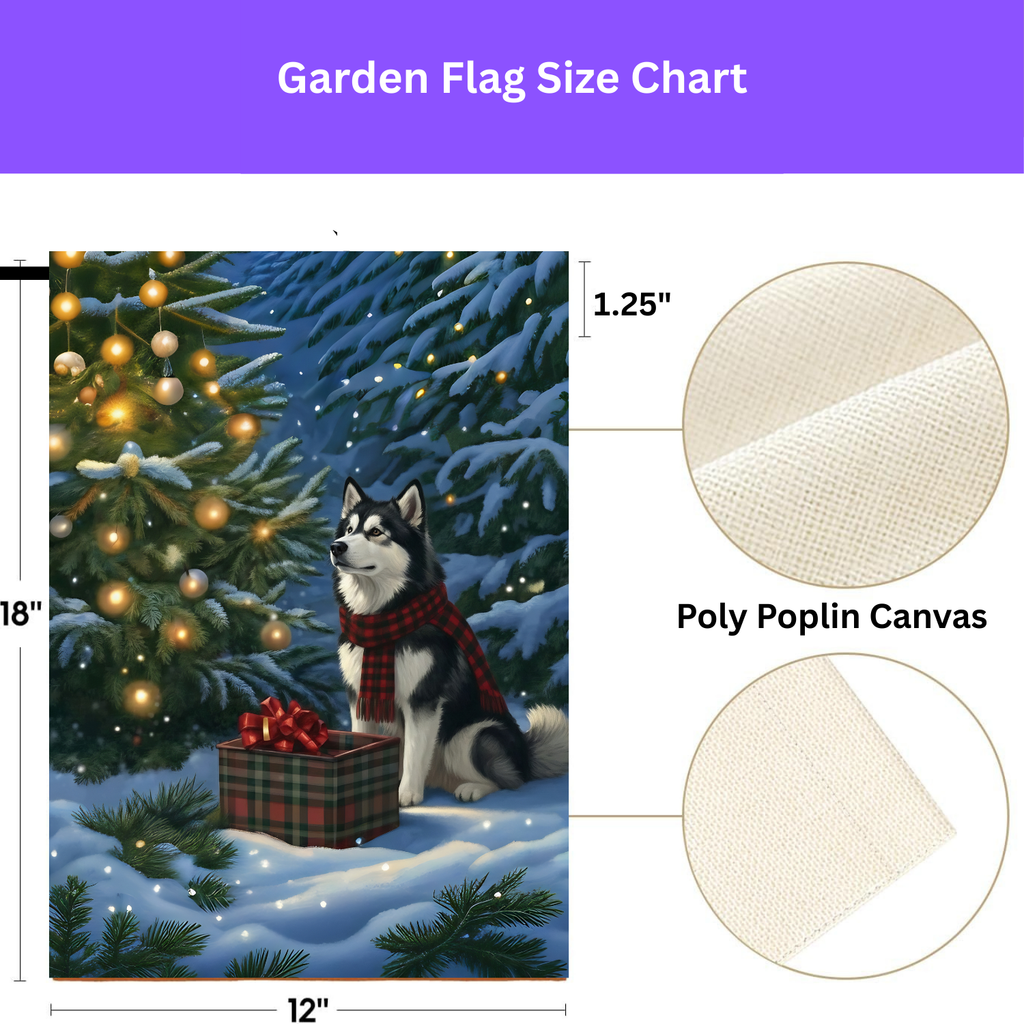 Alaskan Malamute Christmas Present Garden Flag - size comparison - Dragonfire Gardens