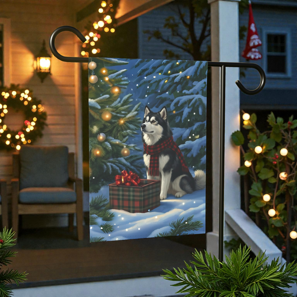 Alaskan Malamute Christmas Present Garden Flag - front view - Dragonfire Gardens