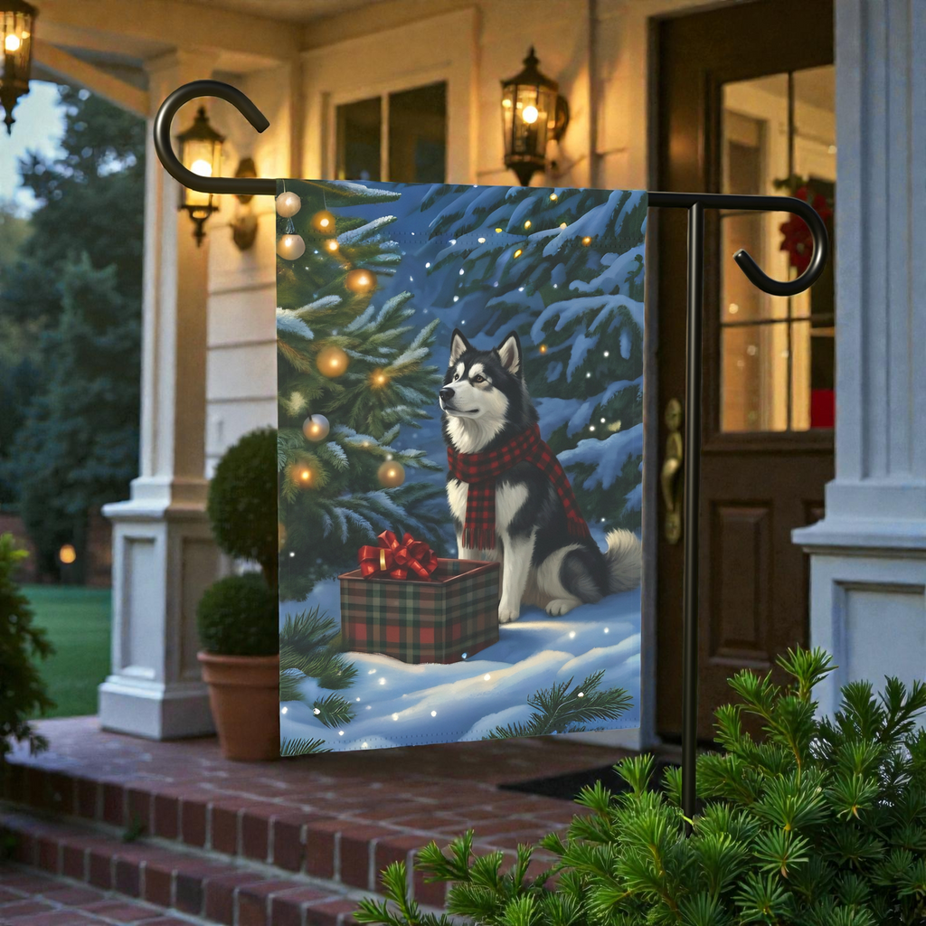 Alaskan Malamute Christmas Present Garden Flag - lifestyle display - Dragonfire Gardens