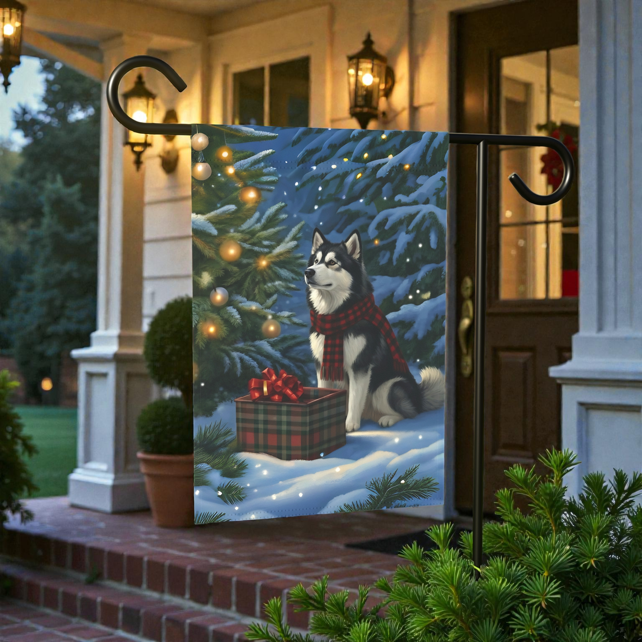 Alaskan Malamute Christmas Present Garden Flag - lifestyle display - Dragonfire Gardens