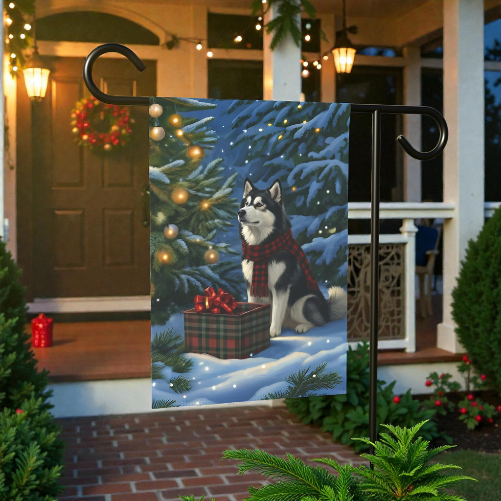 Alaskan Malamute Christmas Present Garden Flag - outdoor display - Dragonfire Gardens