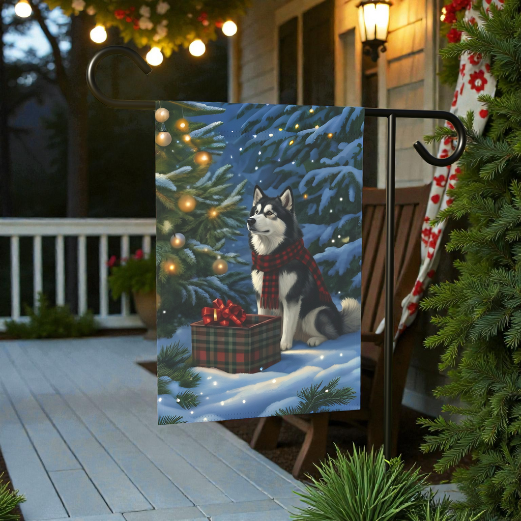 Alaskan Malamute Christmas Present Garden Flag - product detail - Dragonfire Gardens