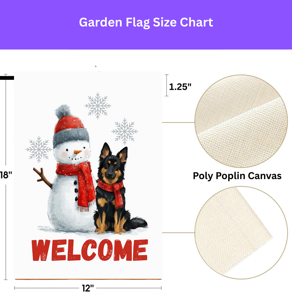 Bohemian Shepherd and Snowman Welcome Garden Flag - size comparison - Dragonfire Gardens