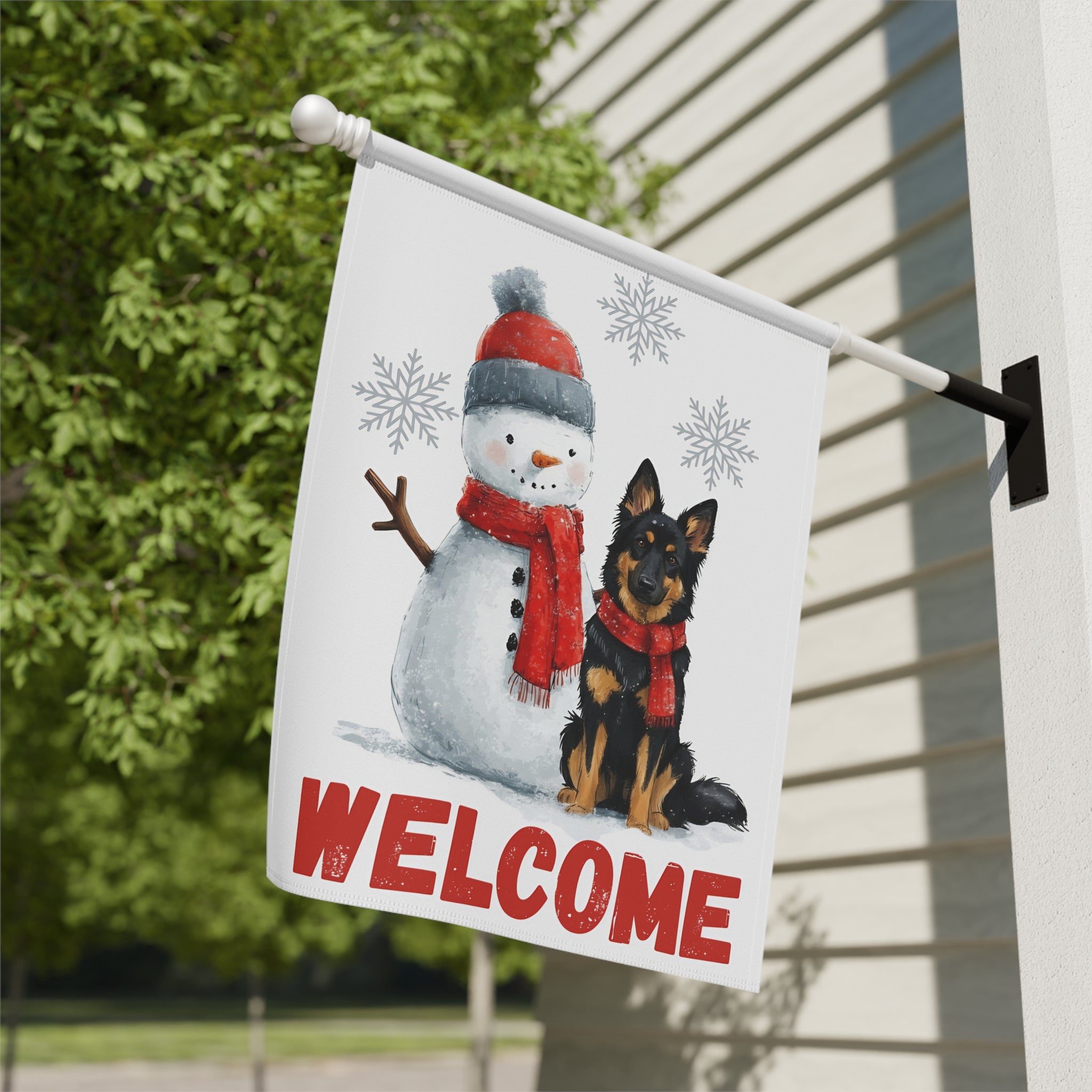 Bohemian Shepherd and Snowman Welcome Garden Flag - double-sided design - Dragonfire Gardens