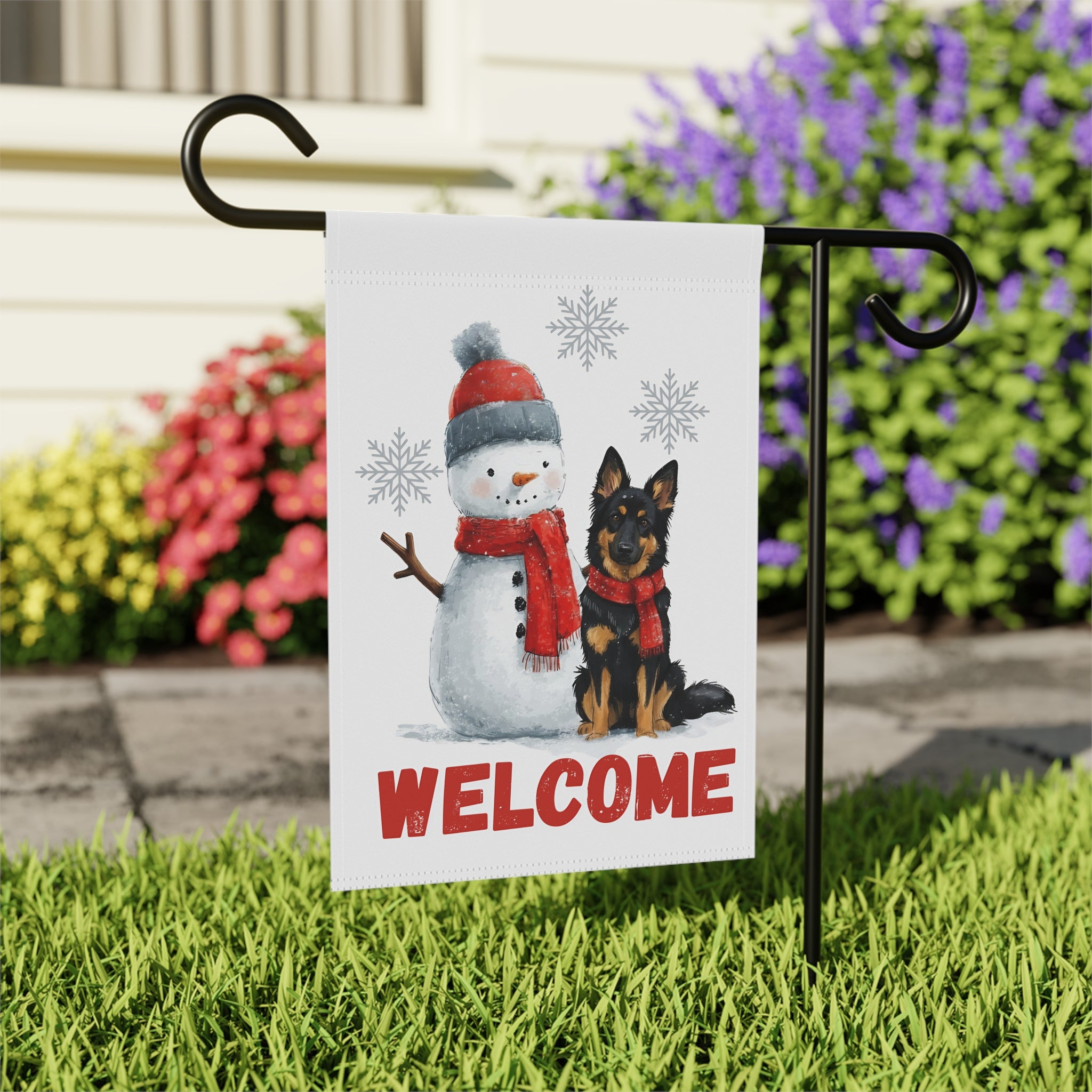 Bohemian Shepherd and Snowman Welcome Garden Flag - close-up detail - Dragonfire Gardens