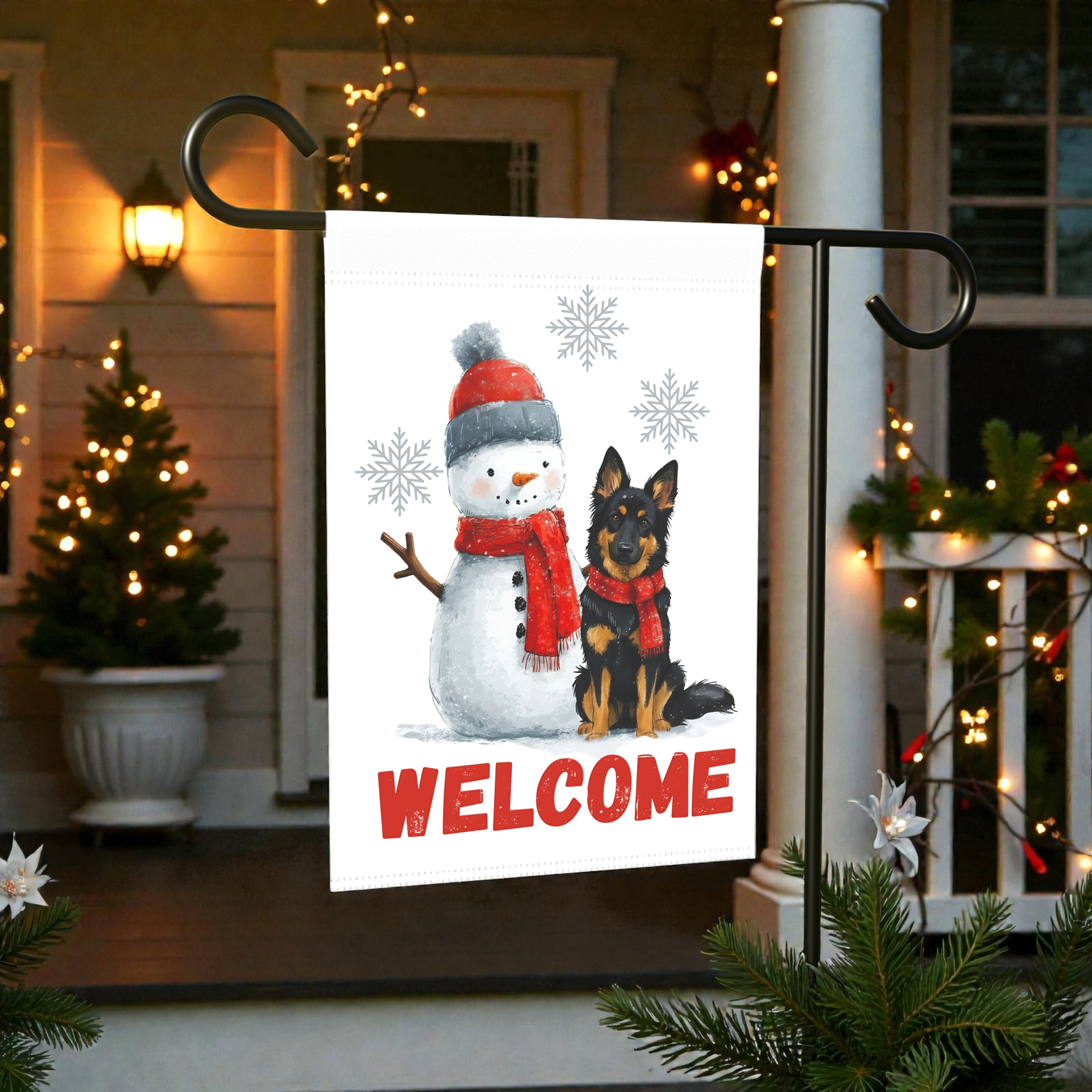 Bohemian Shepherd and Snowman Welcome Garden Flag - product detail - Dragonfire Gardens