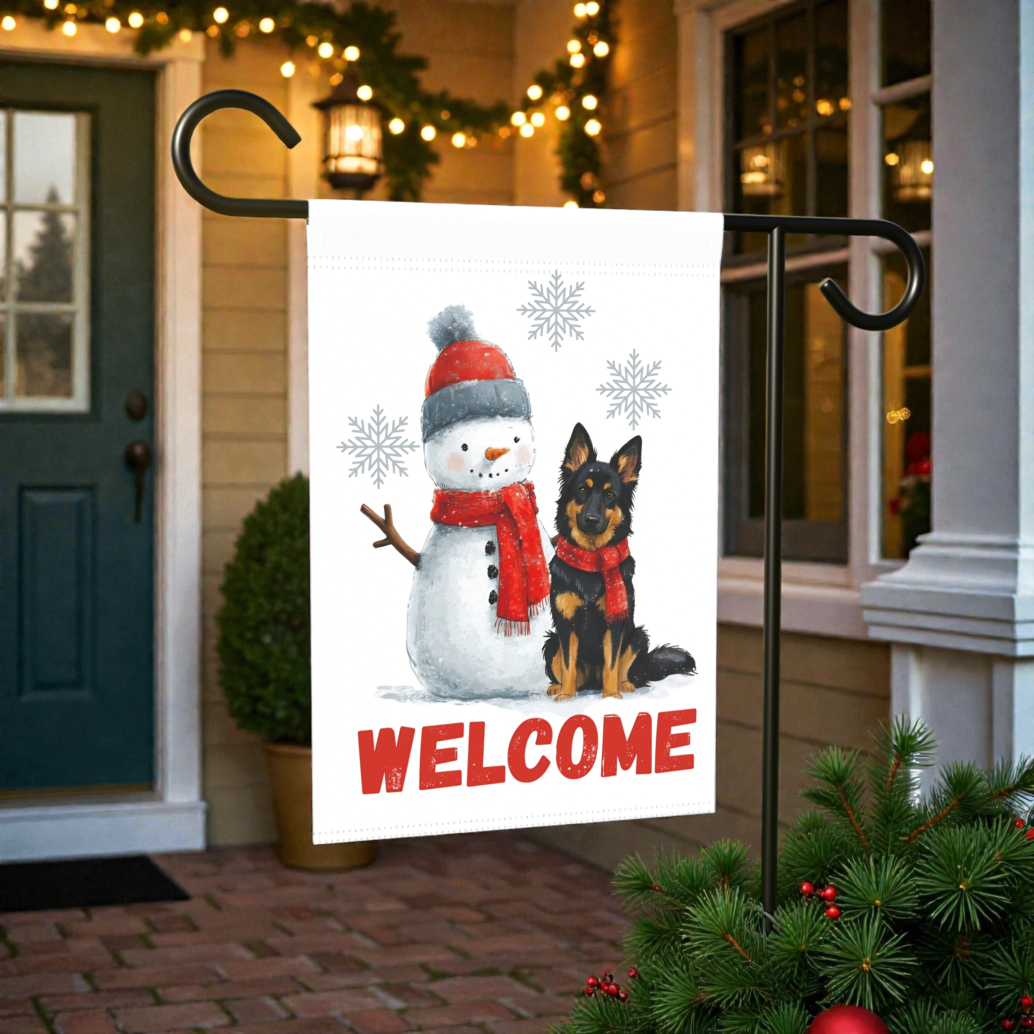 Bohemian Shepherd and Snowman Welcome Garden Flag - outdoor display - Dragonfire Gardens