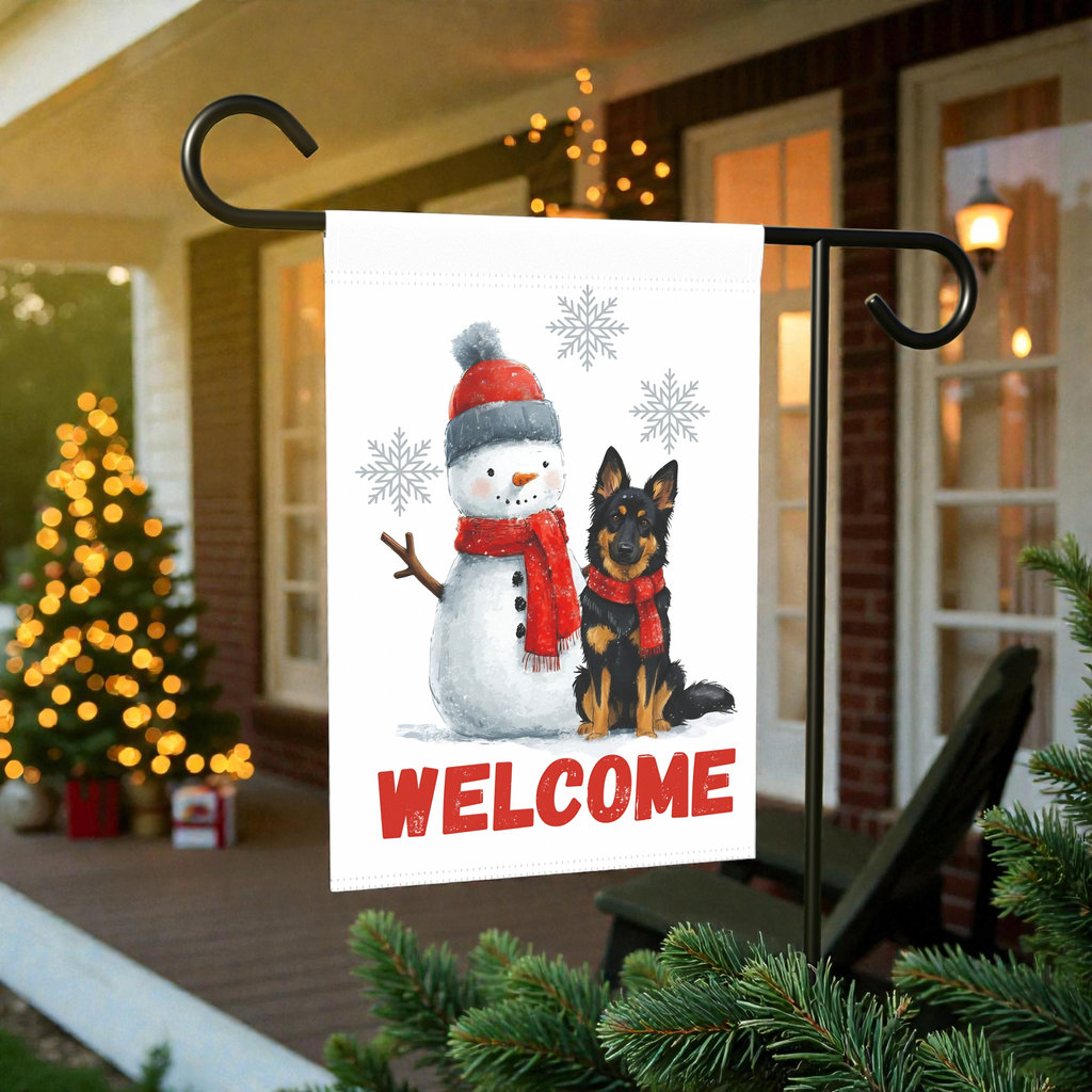Bohemian Shepherd and Snowman Welcome Garden Flag - lifestyle display - Dragonfire Gardens