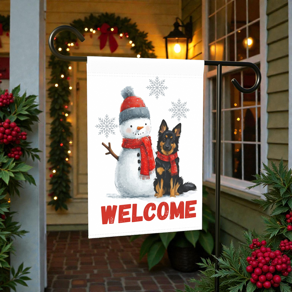 Bohemian Shepherd and Snowman Welcome Garden Flag - front view - Dragonfire Gardens