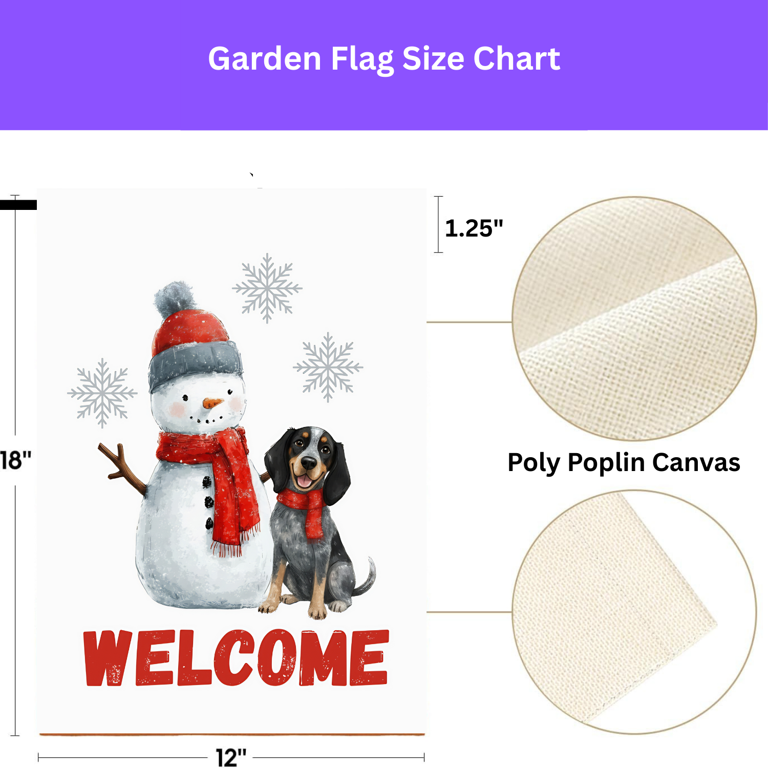 Blue Tick Coonhound and Snowman Welcome Garden Flag - size comparison - Dragonfire Gardens