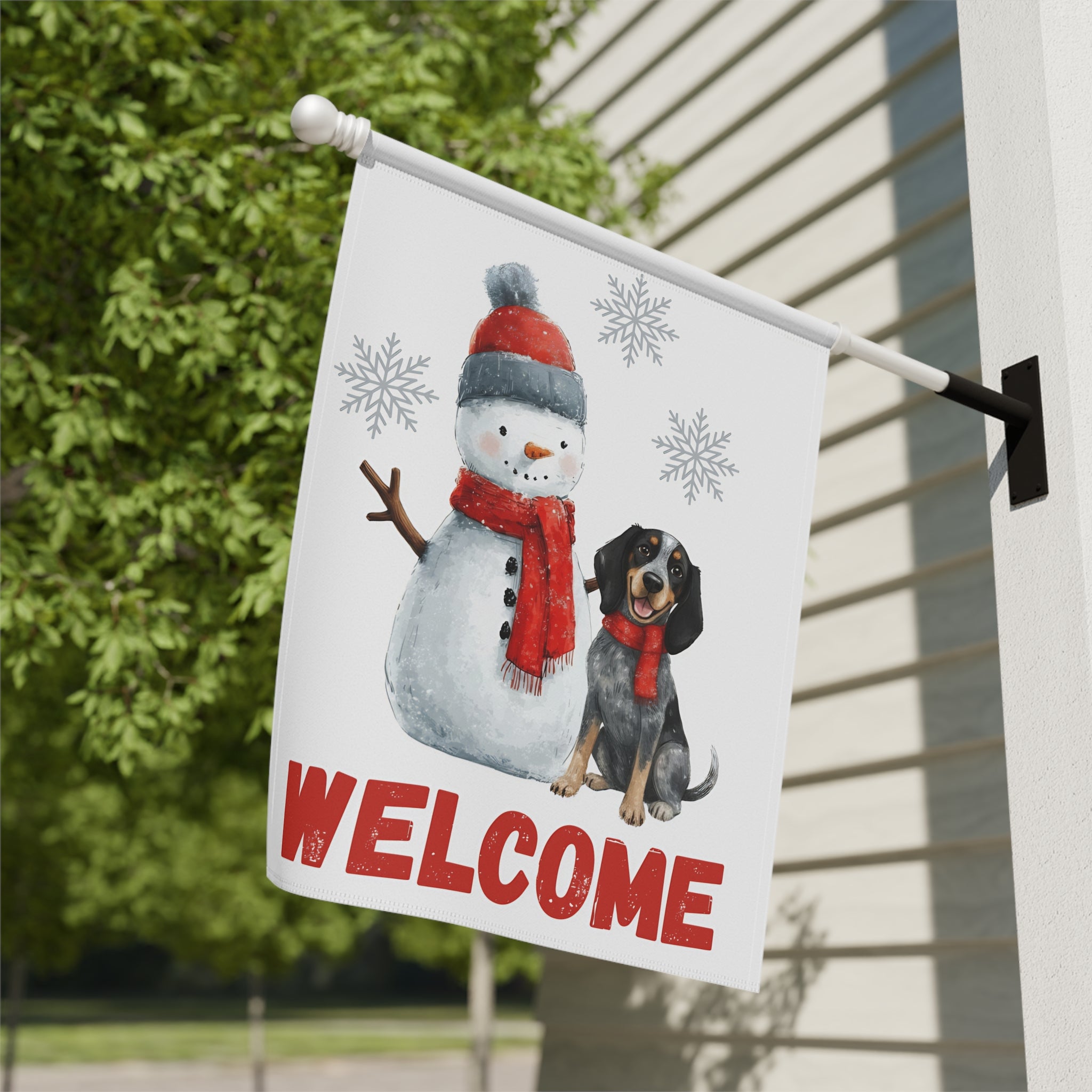 Blue Tick Coonhound and Snowman Welcome Garden Flag - double-sided design - Dragonfire Gardens