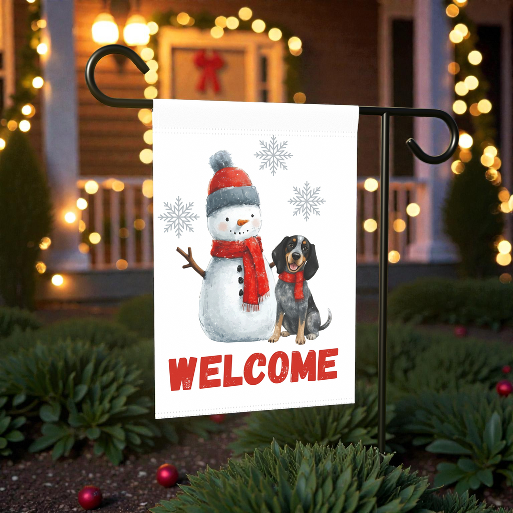 Blue Tick Coonhound and Snowman Welcome Garden Flag - outdoor display - Dragonfire Gardens