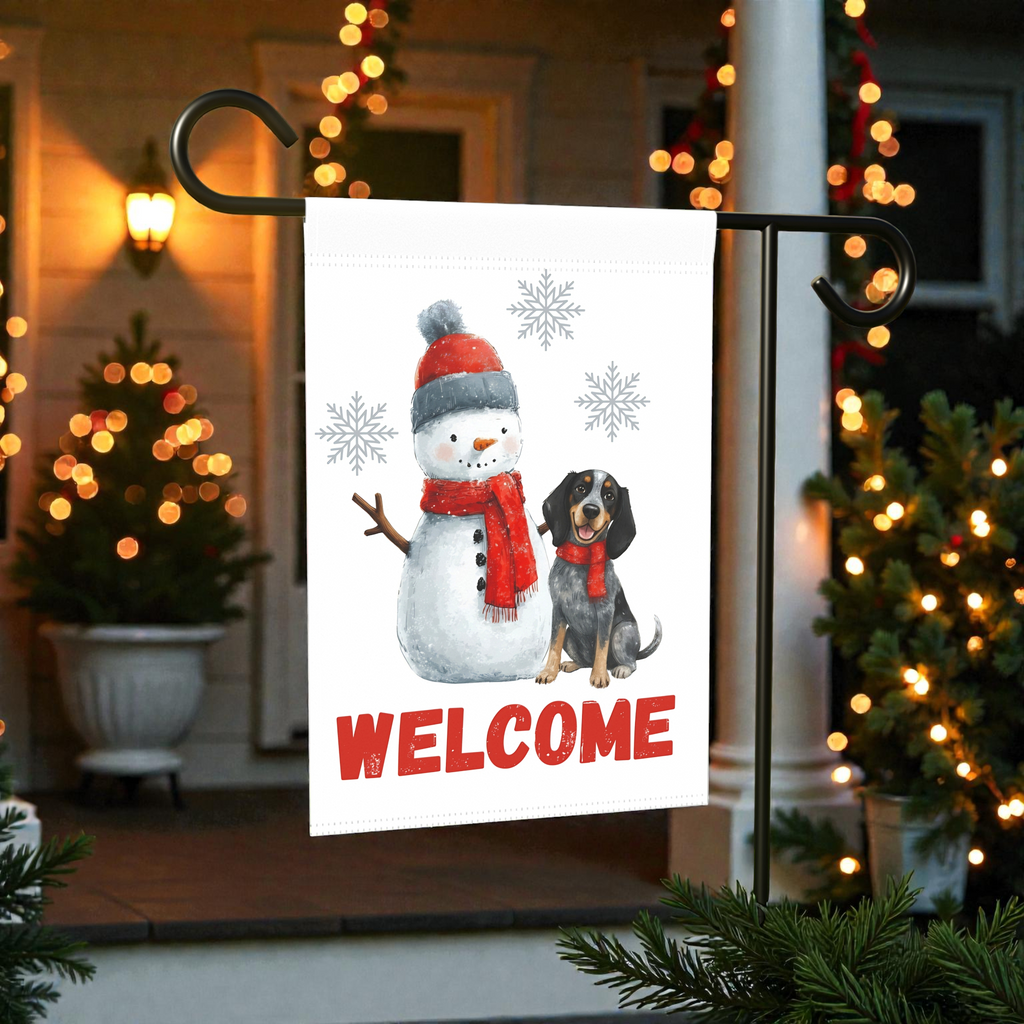 Blue Tick Coonhound and Snowman Welcome Garden Flag - lifestyle display - Dragonfire Gardens
