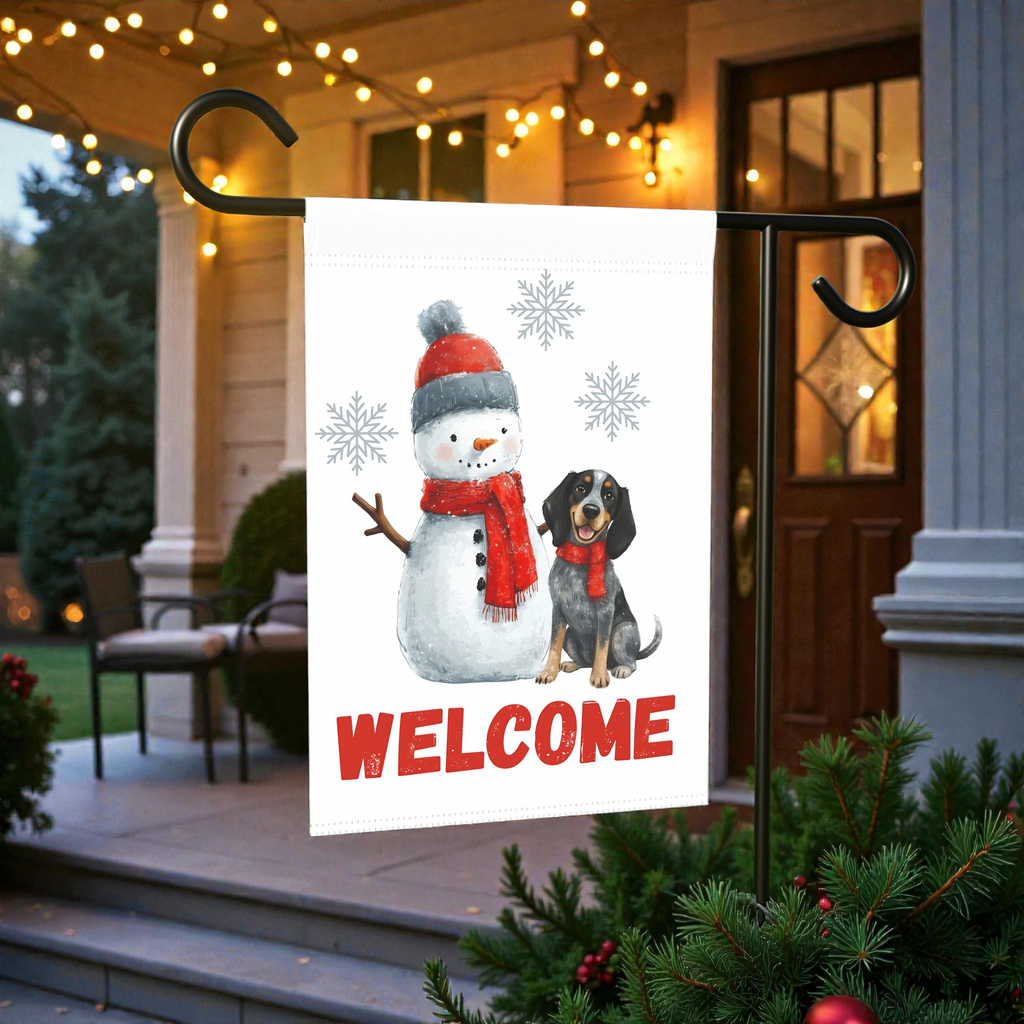 Blue Tick Coonhound and Snowman Welcome Garden Flag - product detail - Dragonfire Gardens