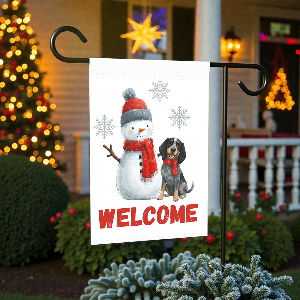 Blue Tick Coonhound and Snowman Welcome Garden Flag - front view - Dragonfire Gardens