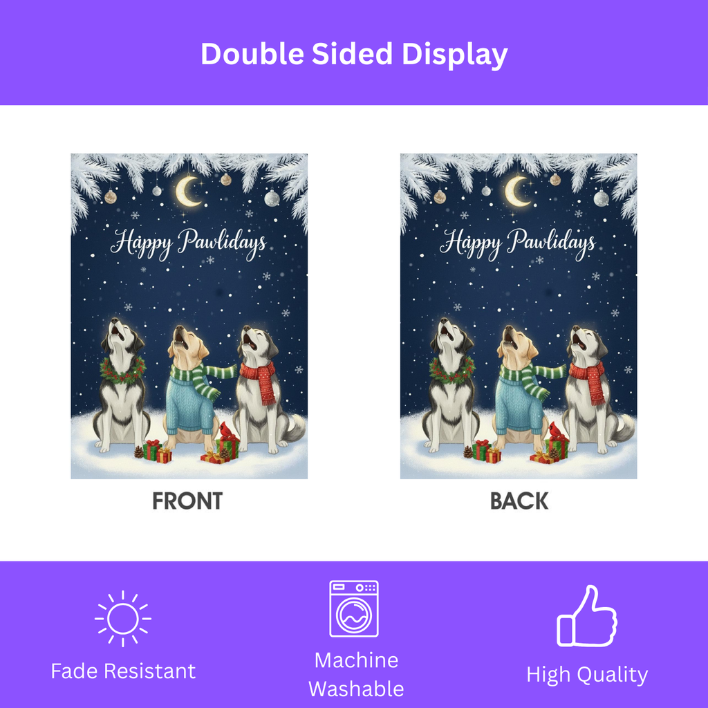 Happy Pawlidays Alaskan Malamutes and Labrador Retriever Garden Flag - yard display - Dragonfire Gardens