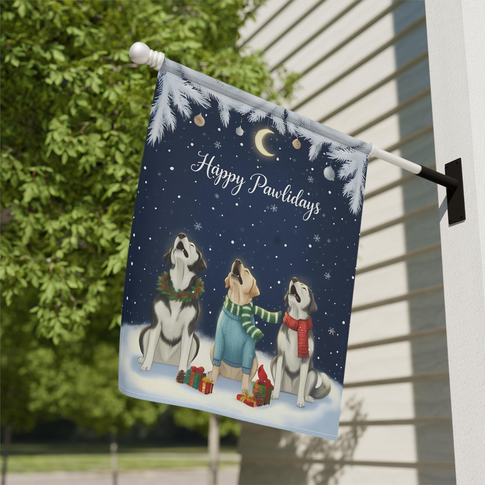 Happy Pawlidays Alaskan Malamutes and Labrador Retriever Garden Flag - double-sided design - Dragonfire Gardens