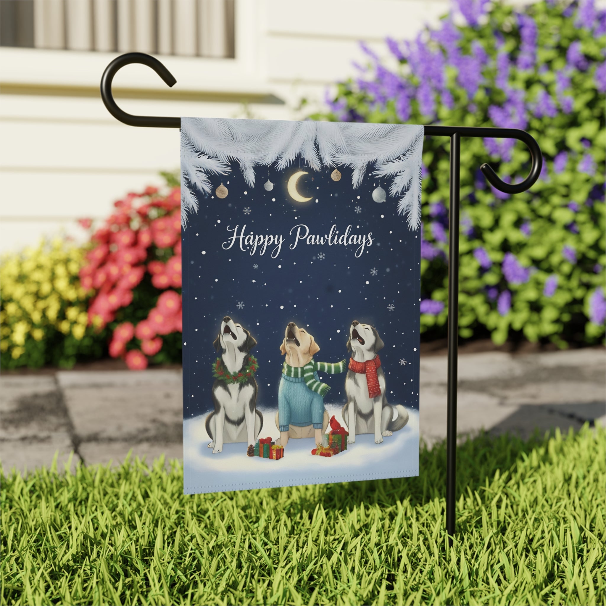 Happy Pawlidays Alaskan Malamutes and Labrador Retriever Garden Flag - close-up detail - Dragonfire Gardens