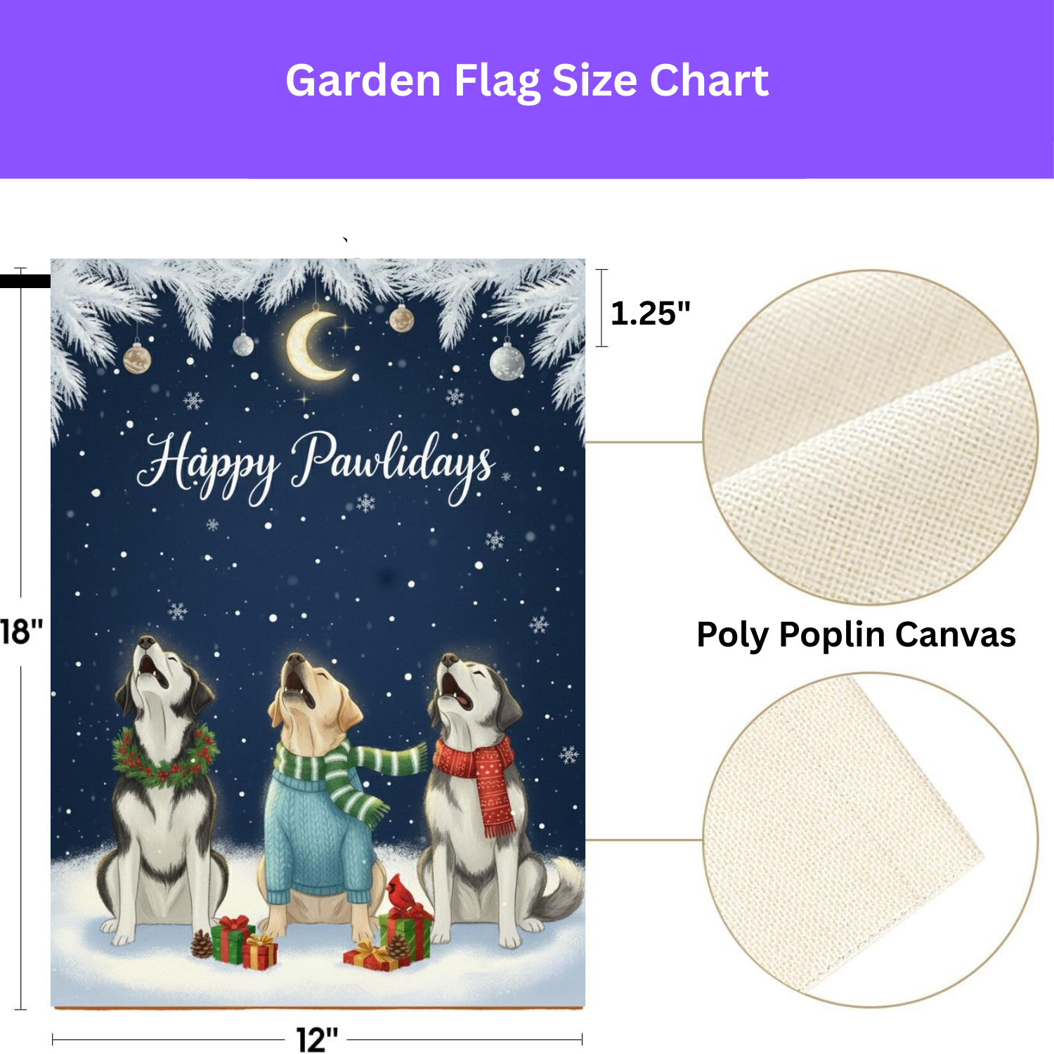 Happy Pawlidays Alaskan Malamutes and Labrador Retriever Garden Flag - size comparison - Dragonfire Gardens