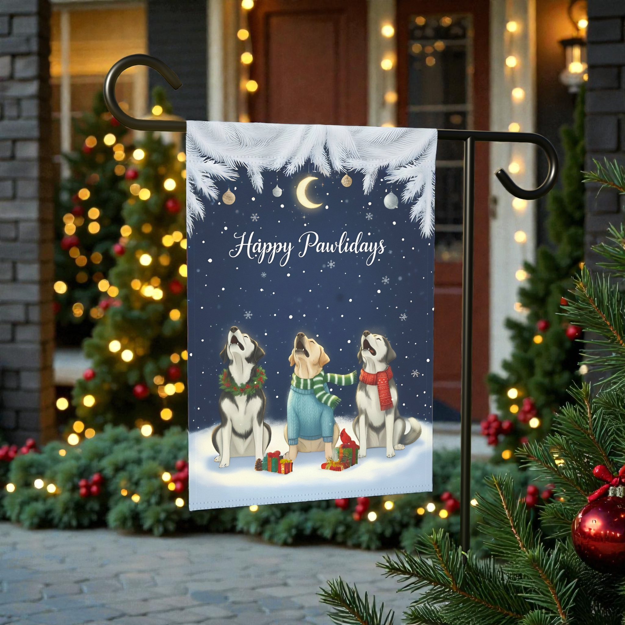 Happy Pawlidays Alaskan Malamutes and Labrador Retriever Garden Flag - lifestyle display - Dragonfire Gardens