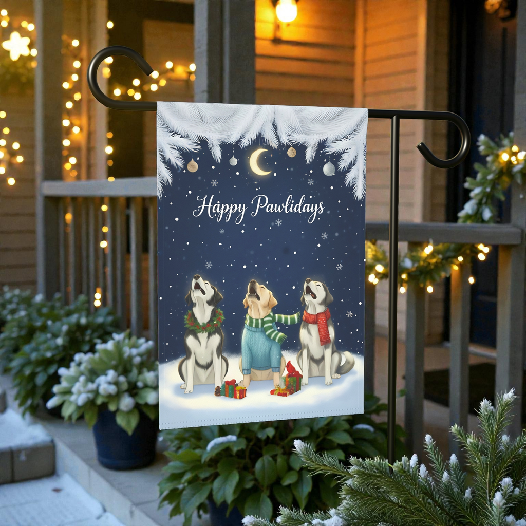 Happy Pawlidays Alaskan Malamutes and Labrador Retriever Garden Flag - outdoor display - Dragonfire Gardens