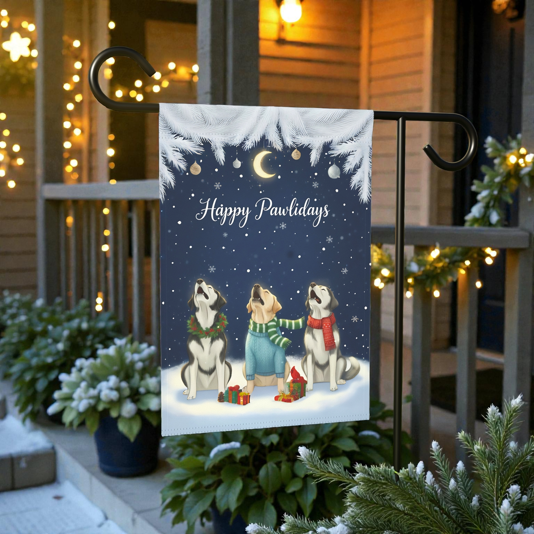 Happy Pawlidays Alaskan Malamutes and Labrador Retriever Garden Flag - outdoor display - Dragonfire Gardens