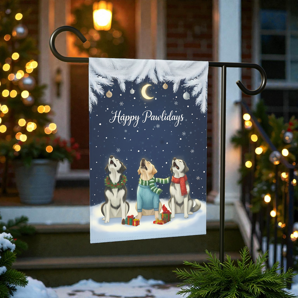 Happy Pawlidays Alaskan Malamutes and Labrador Retriever Garden Flag - front view - Dragonfire Gardens