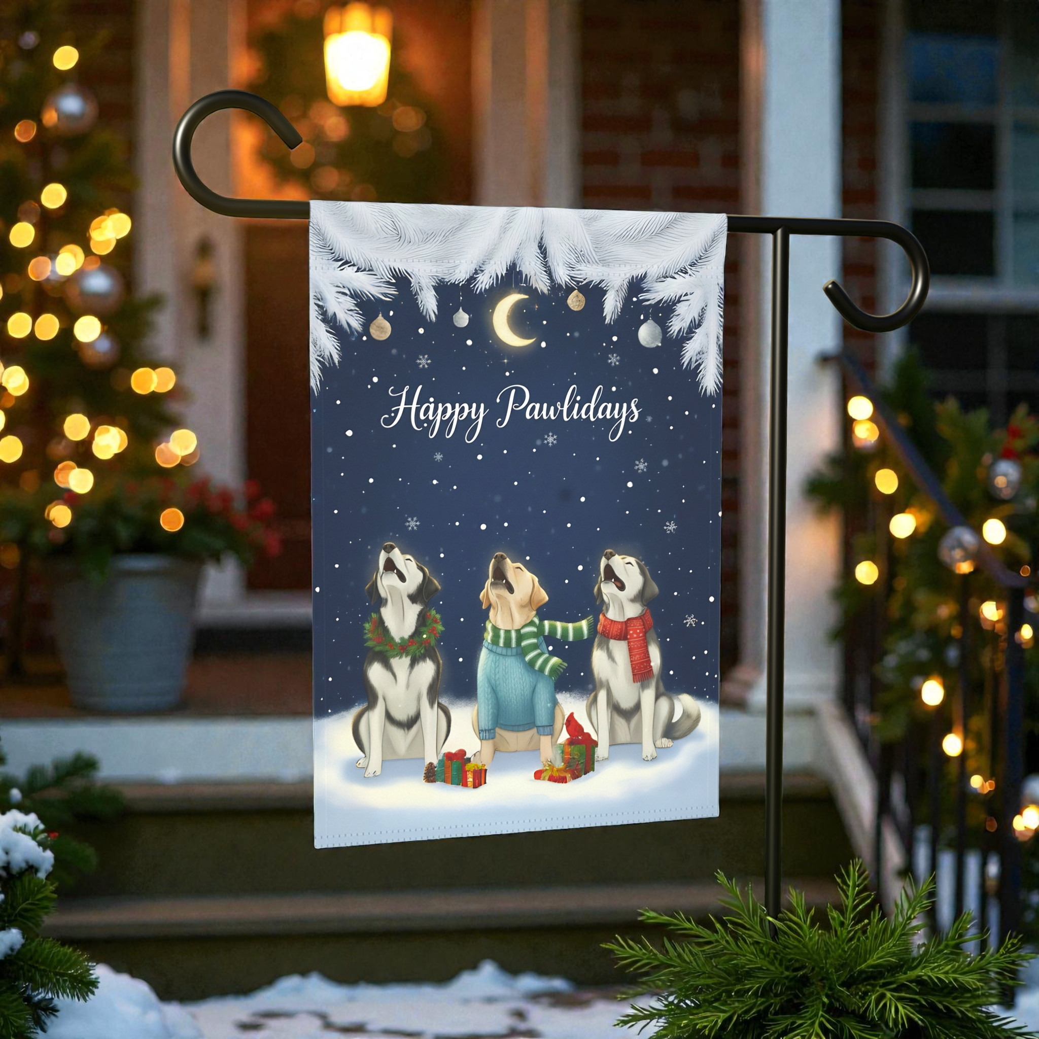 Happy Pawlidays Alaskan Malamutes and Labrador Retriever Garden Flag - front view - Dragonfire Gardens