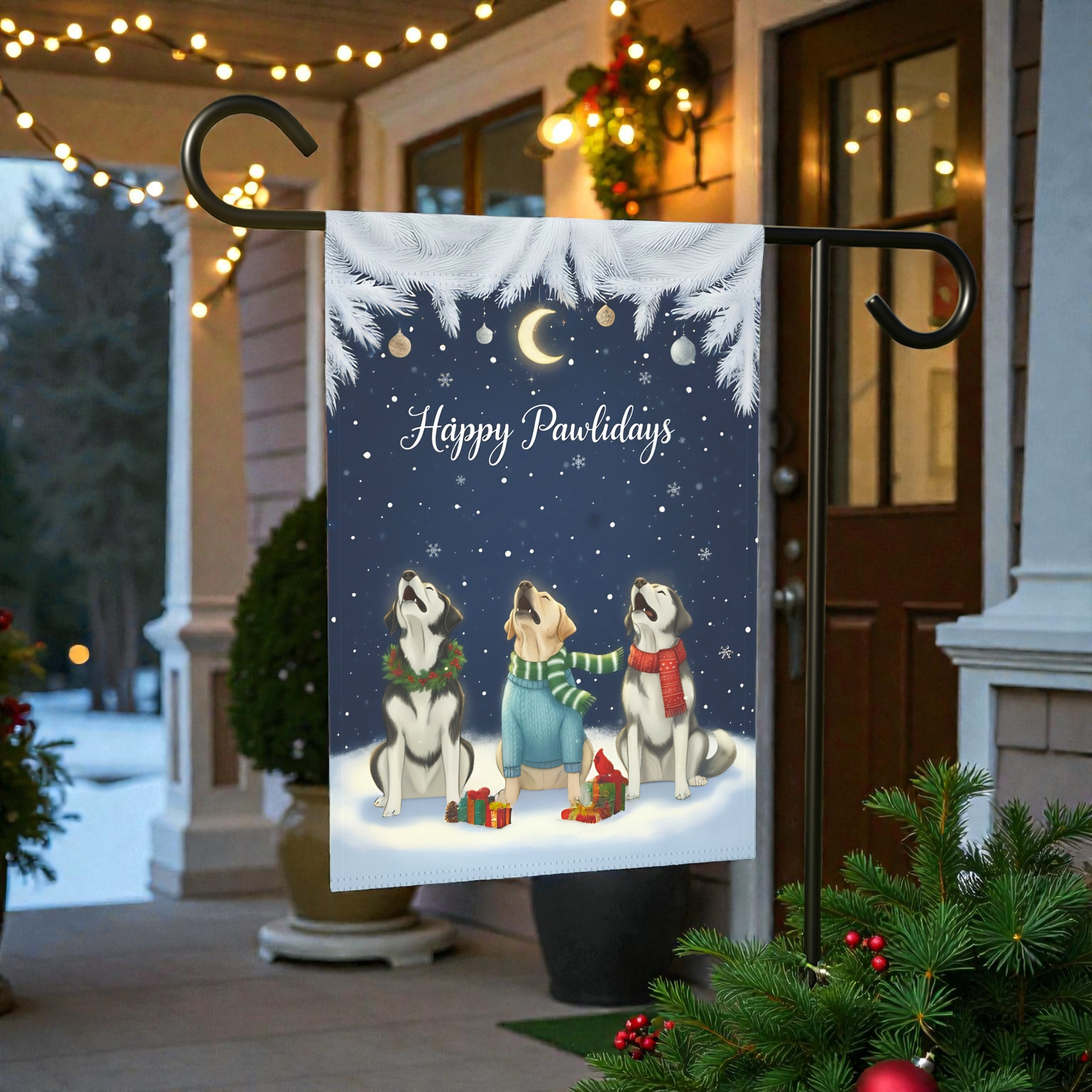Happy Pawlidays Alaskan Malamutes and Labrador Retriever Garden Flag - product detail - Dragonfire Gardens