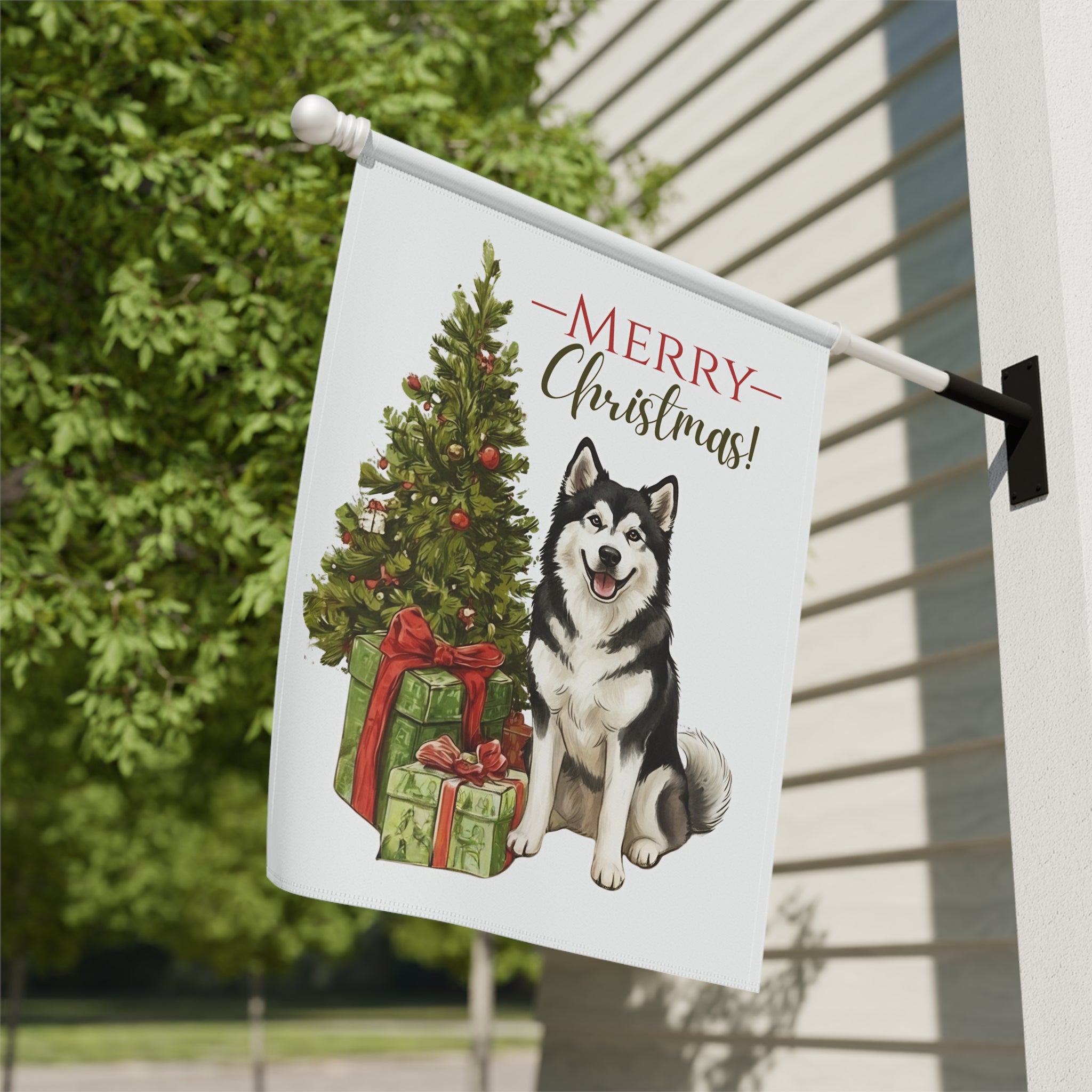 Alaskan Malamute and Presents Christmas Garden Flag - double-sided design - Dragonfire Gardens