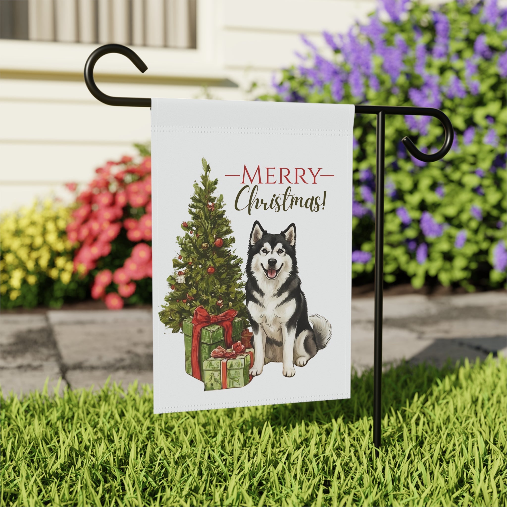 Alaskan Malamute and Presents Christmas Garden Flag - close-up detail - Dragonfire Gardens