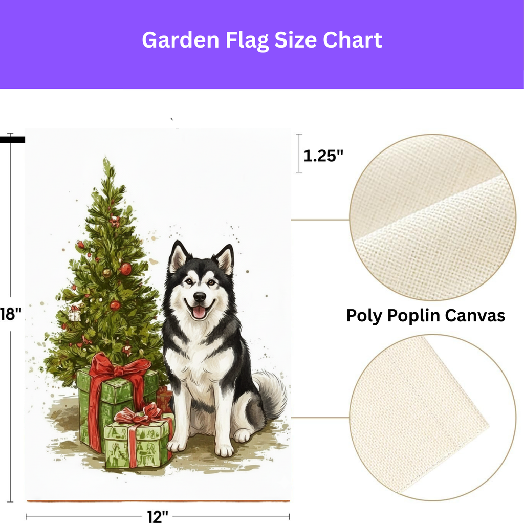 Alaskan Malamute and Presents Christmas Garden Flag - size comparison - Dragonfire Gardens