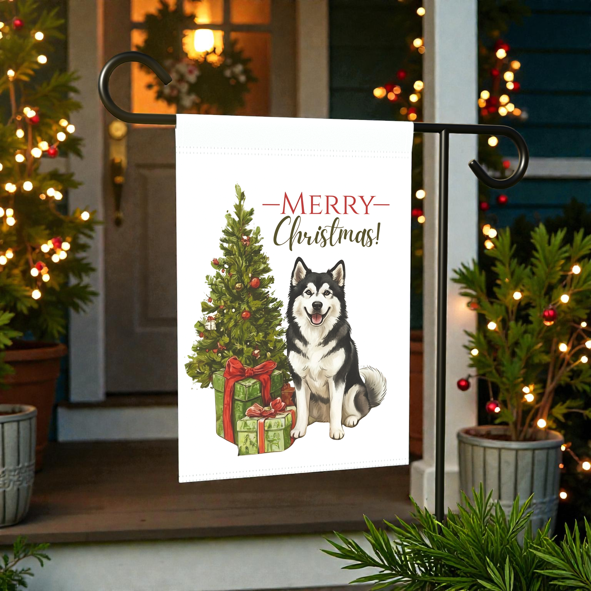 Alaskan Malamute and Presents Christmas Garden Flag - front view - Dragonfire Gardens