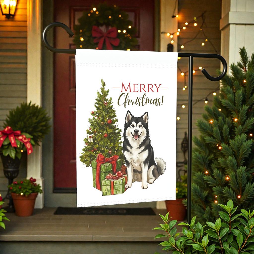 Alaskan Malamute and Presents Christmas Garden Flag - product detail - Dragonfire Gardens