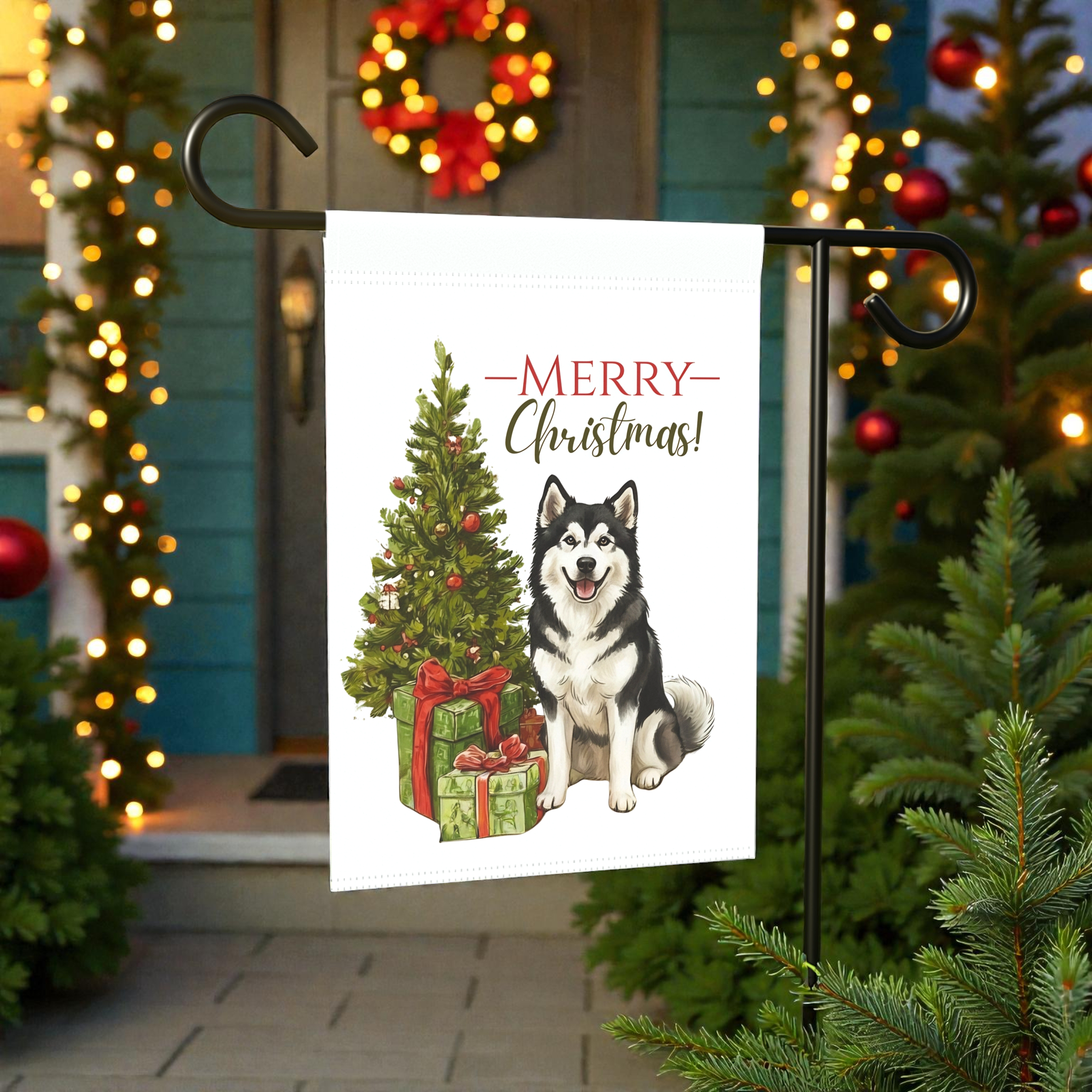 Alaskan Malamute and Presents Christmas Garden Flag - outdoor display - Dragonfire Gardens