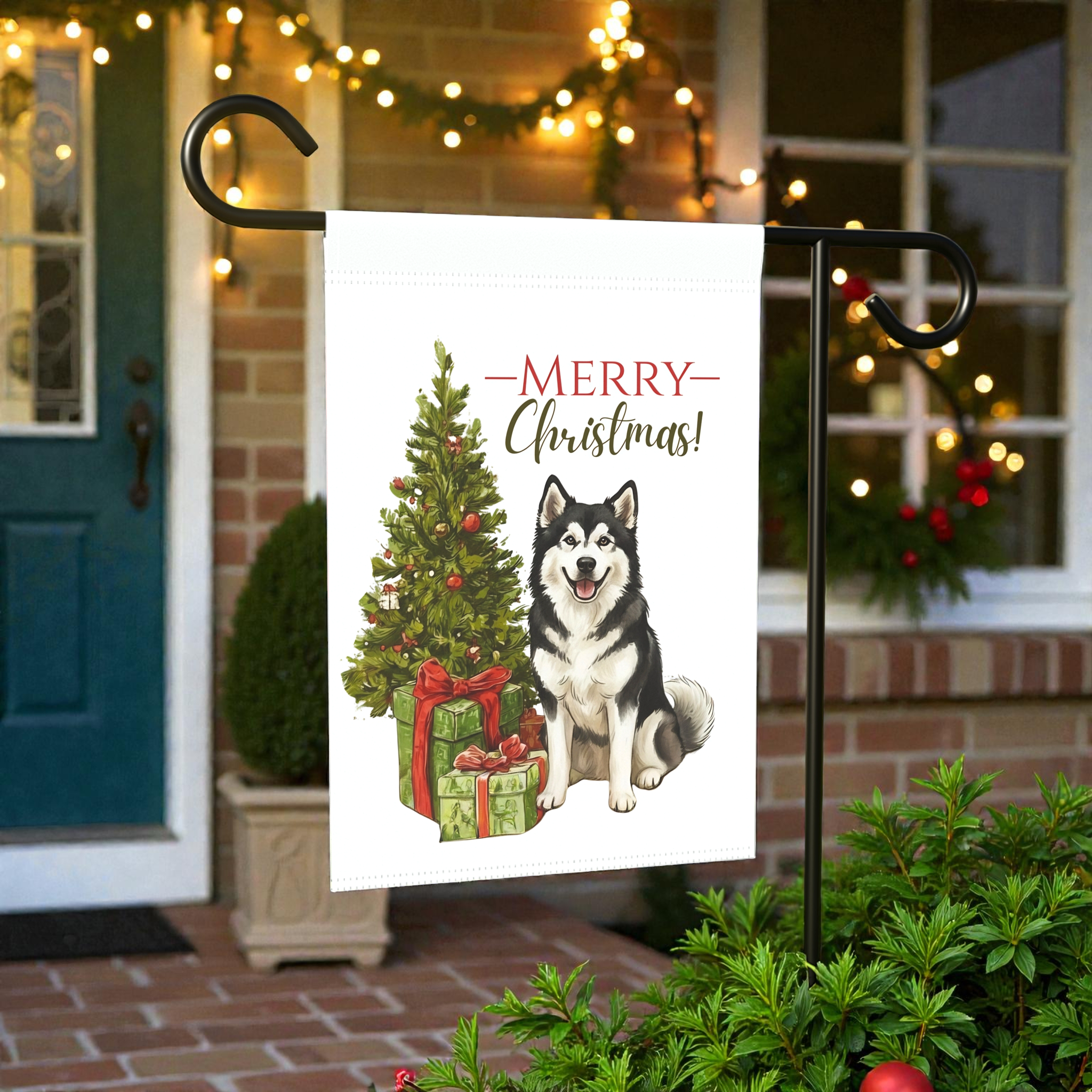 Alaskan Malamute and Presents Christmas Garden Flag - lifestyle display - Dragonfire Gardens