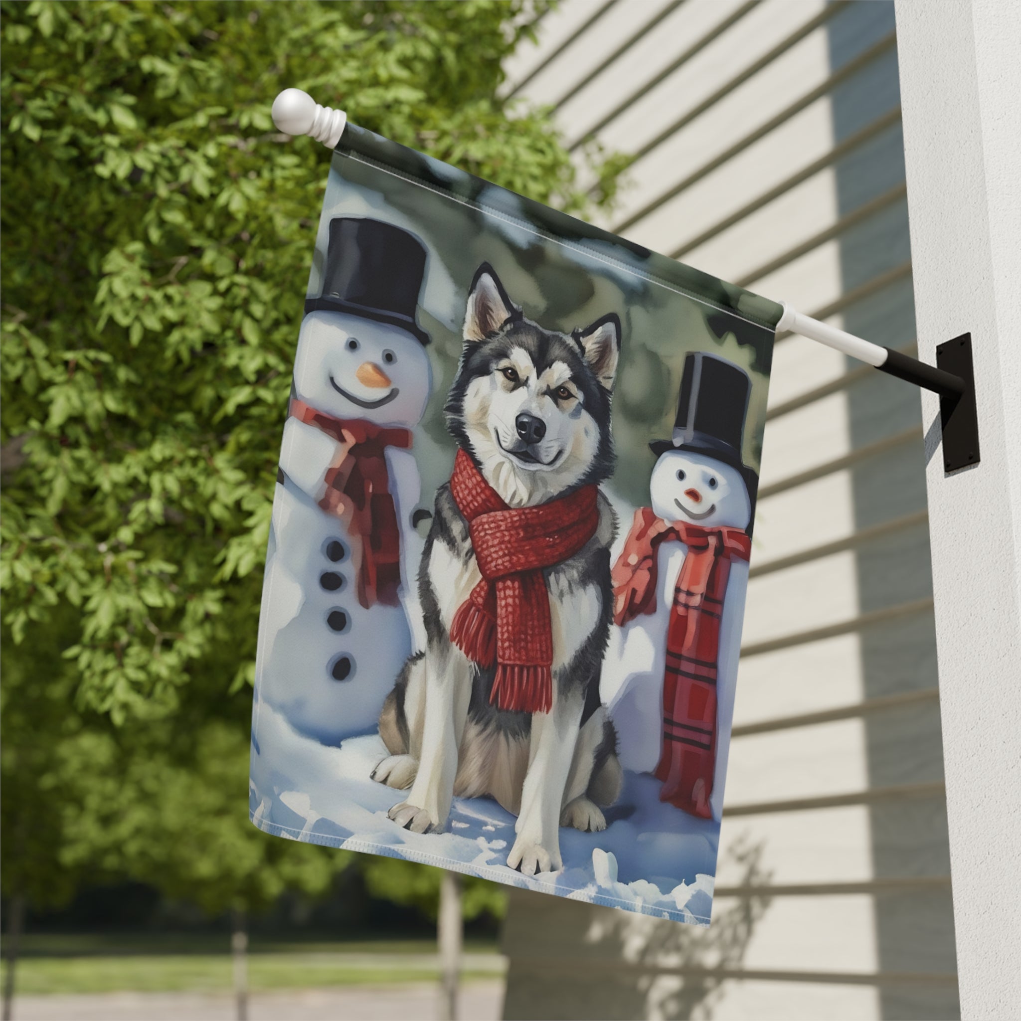 Alaskan Malamute and Snowmen Garden Flag - double-sided design - Dragonfire Gardens