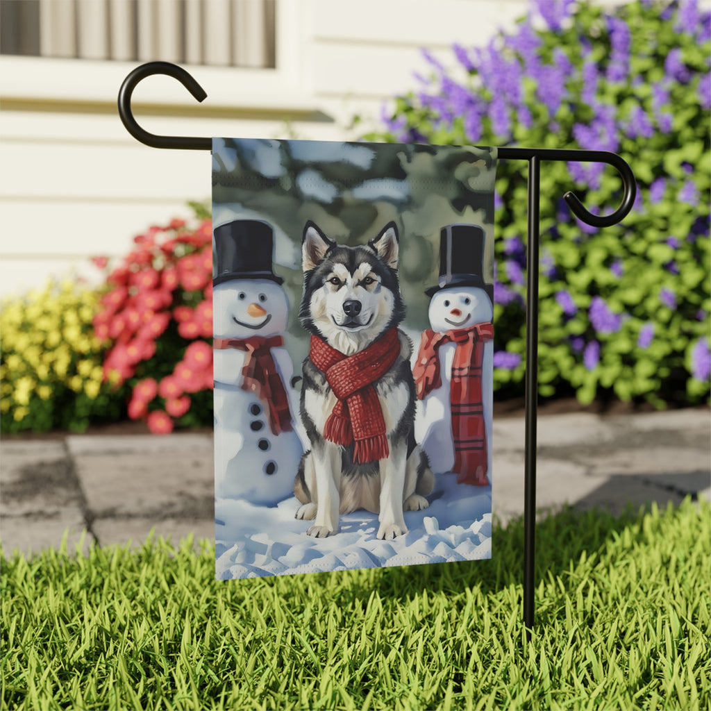 Alaskan Malamute and Snowmen Garden Flag - close-up detail - Dragonfire Gardens