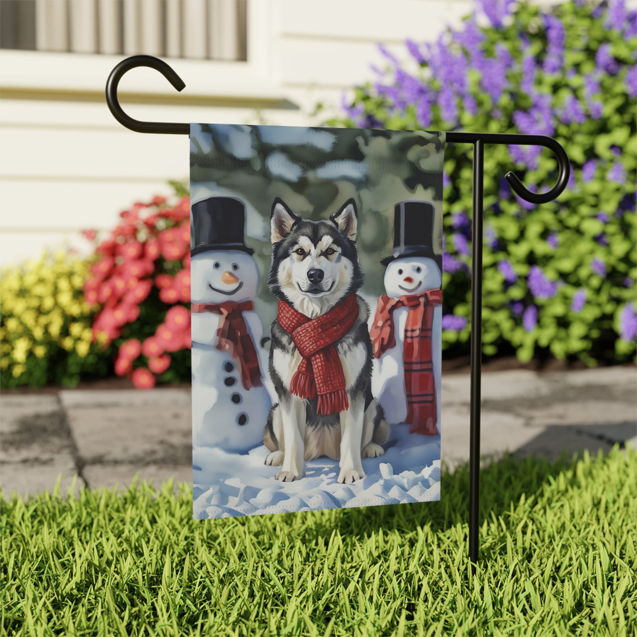 Alaskan Malamute and Snowmen Garden Flag - close-up detail - Dragonfire Gardens