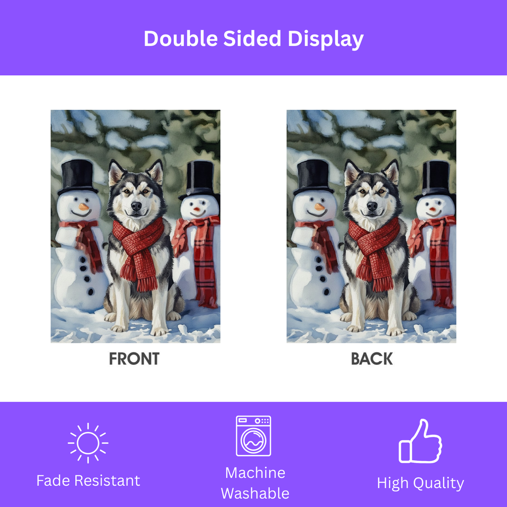 Alaskan Malamute and Snowmen Garden Flag - yard display - Dragonfire Gardens
