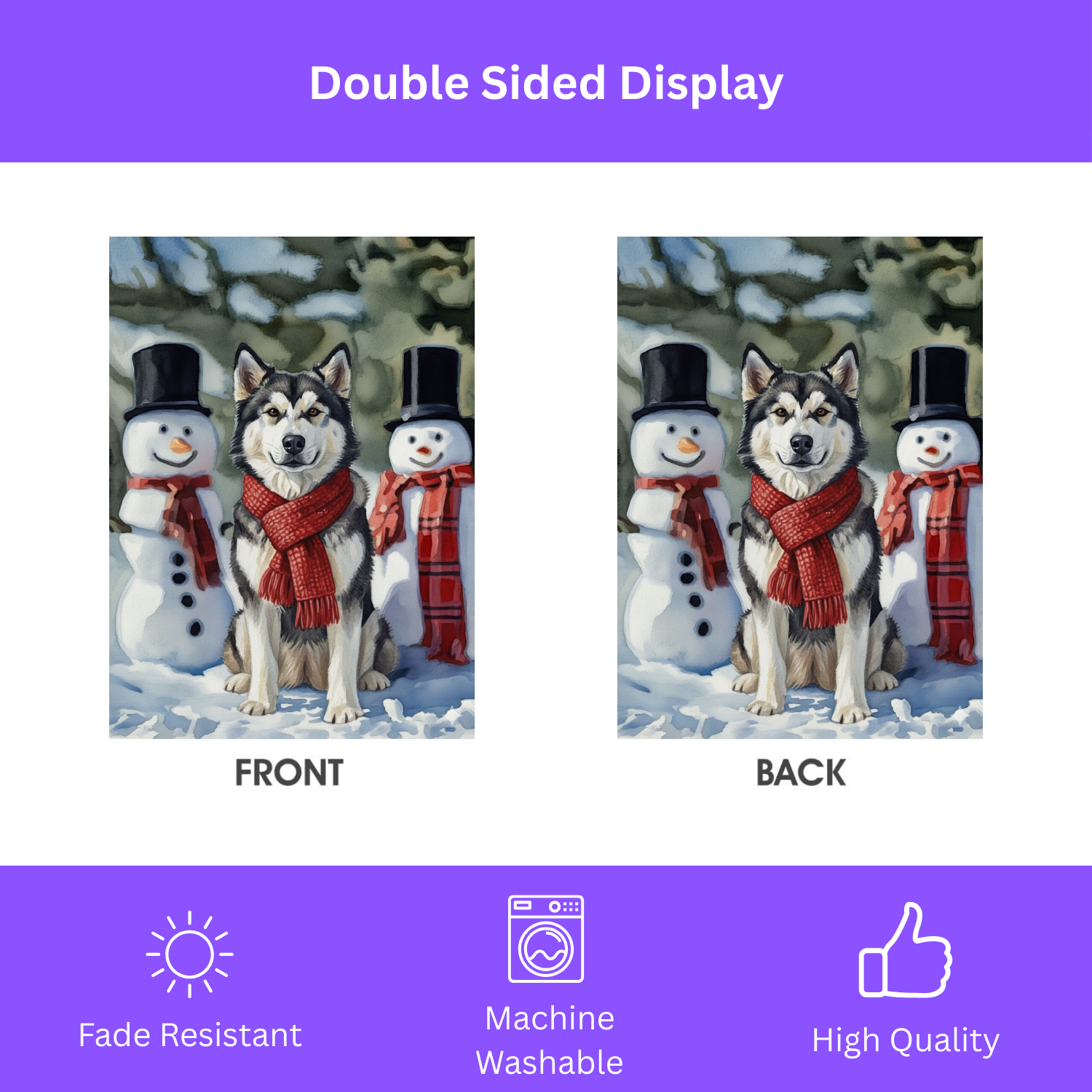 Alaskan Malamute and Snowmen Garden Flag - yard display - Dragonfire Gardens